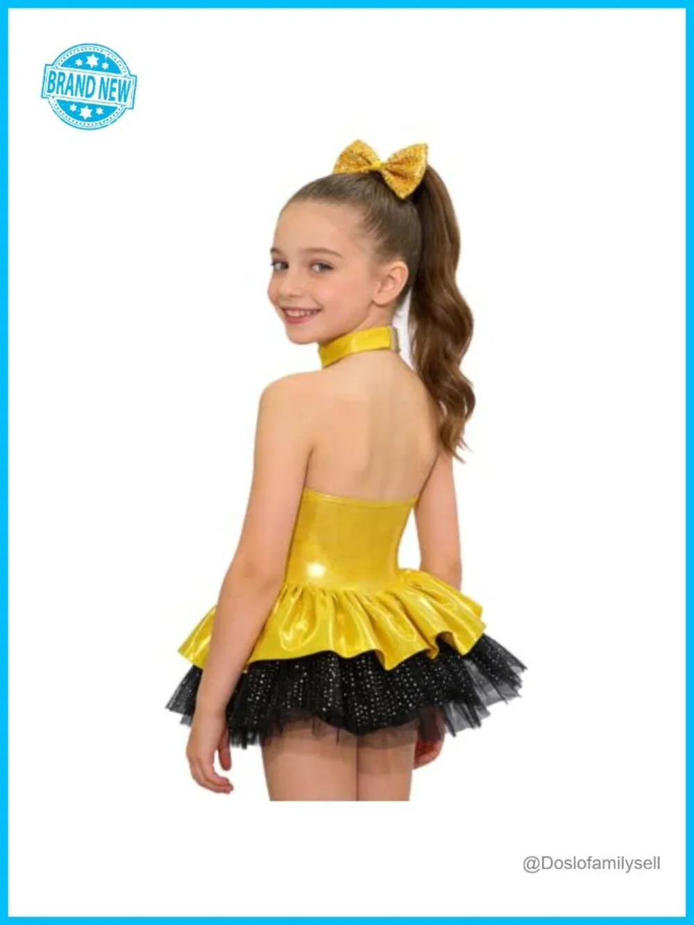 Girls Sequin Dance Tutu Dress Halter Neck Performance Outfit with Hair Clip